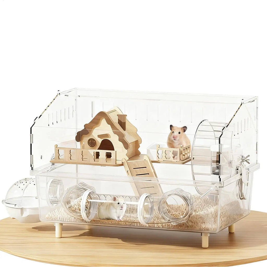 2-Layer Clear Acrylic Hamster Cage – Indoor & Outdoor Habitat with Observation View