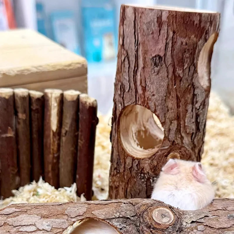 Hamster Wooden Tree Trunk Tunnel – Natural Hideout & Chew Toy for Small Pets
