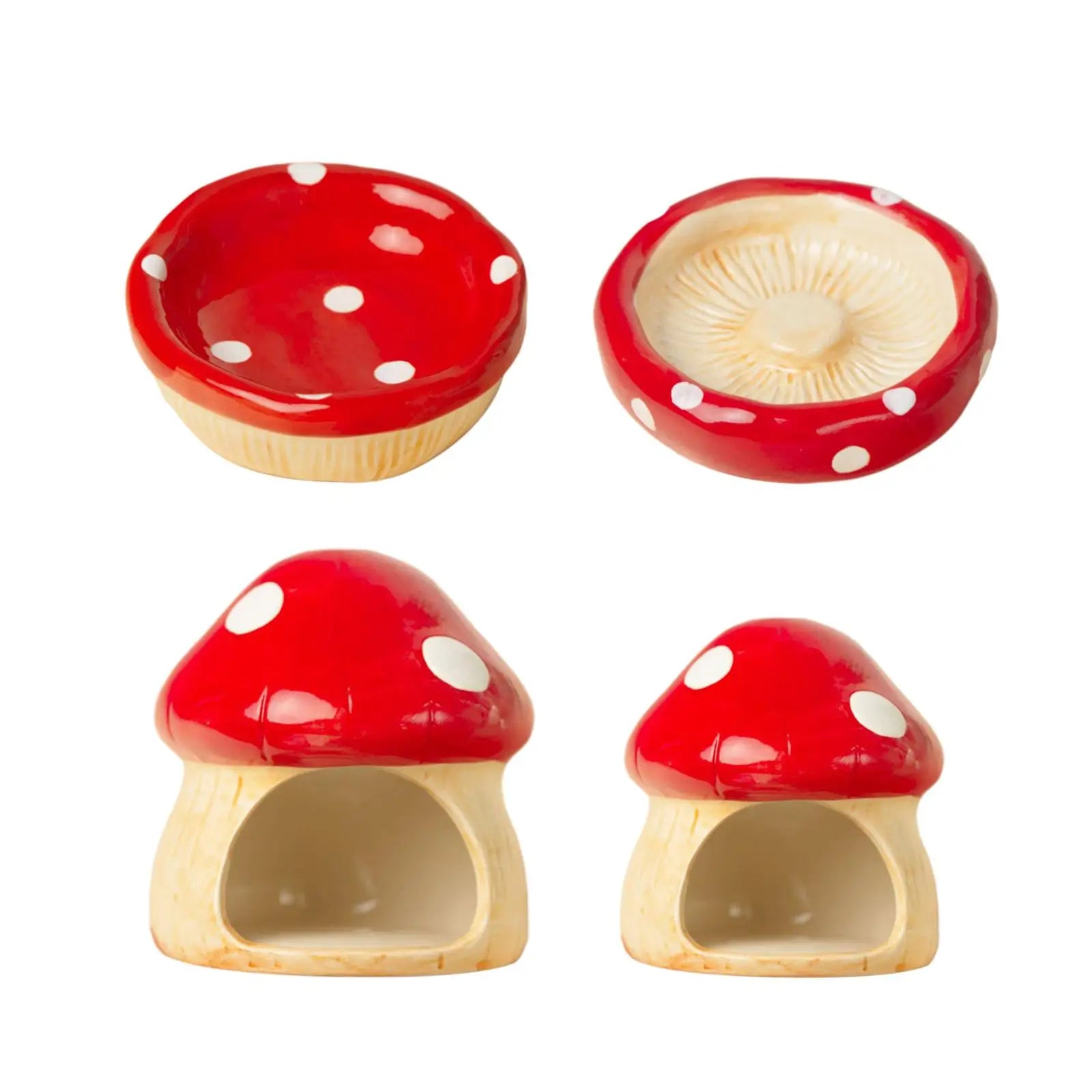 Ceramic Mushroom Hamster House – Hideout Cave & Food Bowl for Small Pets