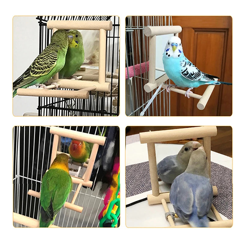 Bird Mirror Wooden Interactive Play Toy With Perch For Small Parrot Budgies Parakeet Cockatiel Conure Lovebird Cage Accessories