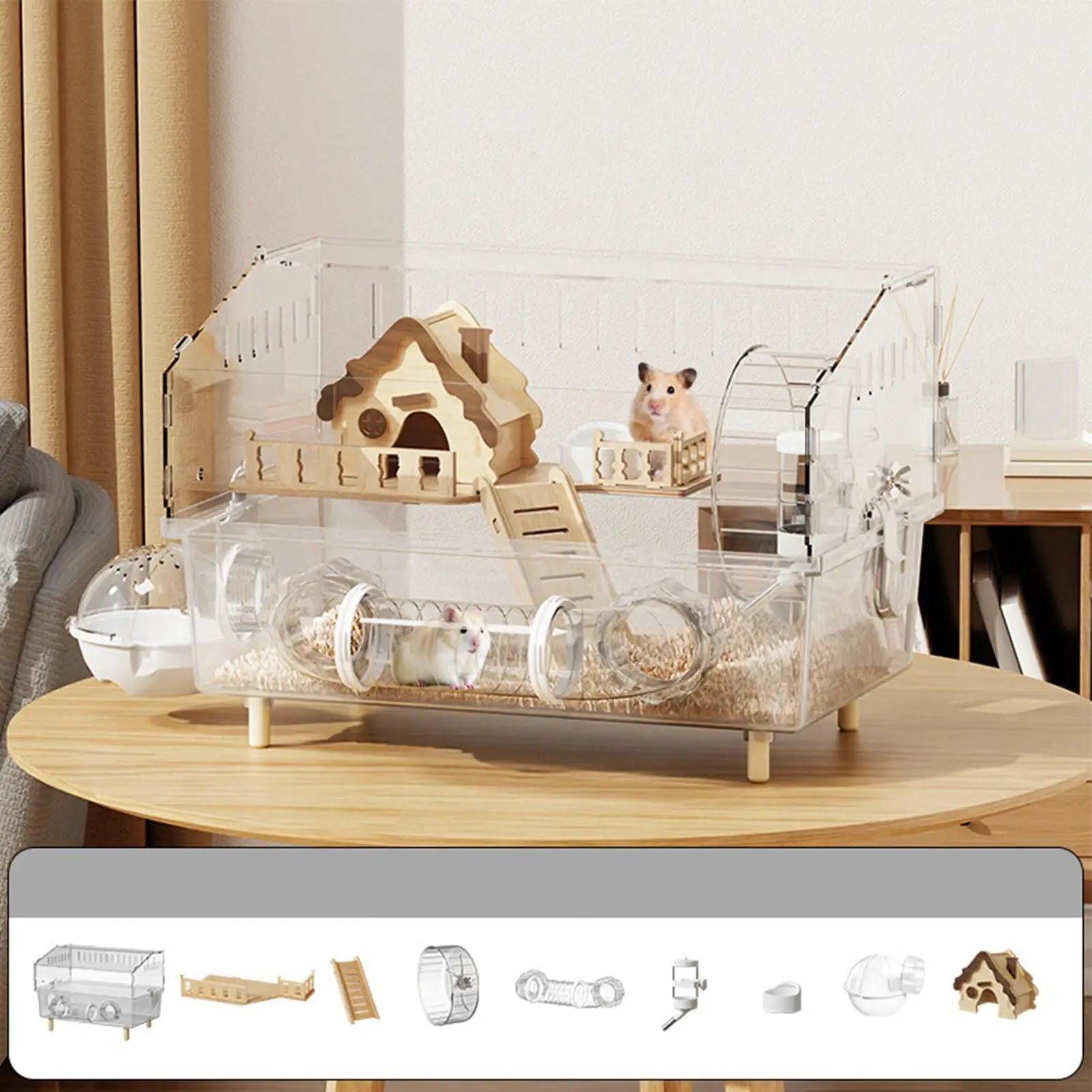 2-Layer Clear Acrylic Hamster Cage – Indoor & Outdoor Habitat with Observation View