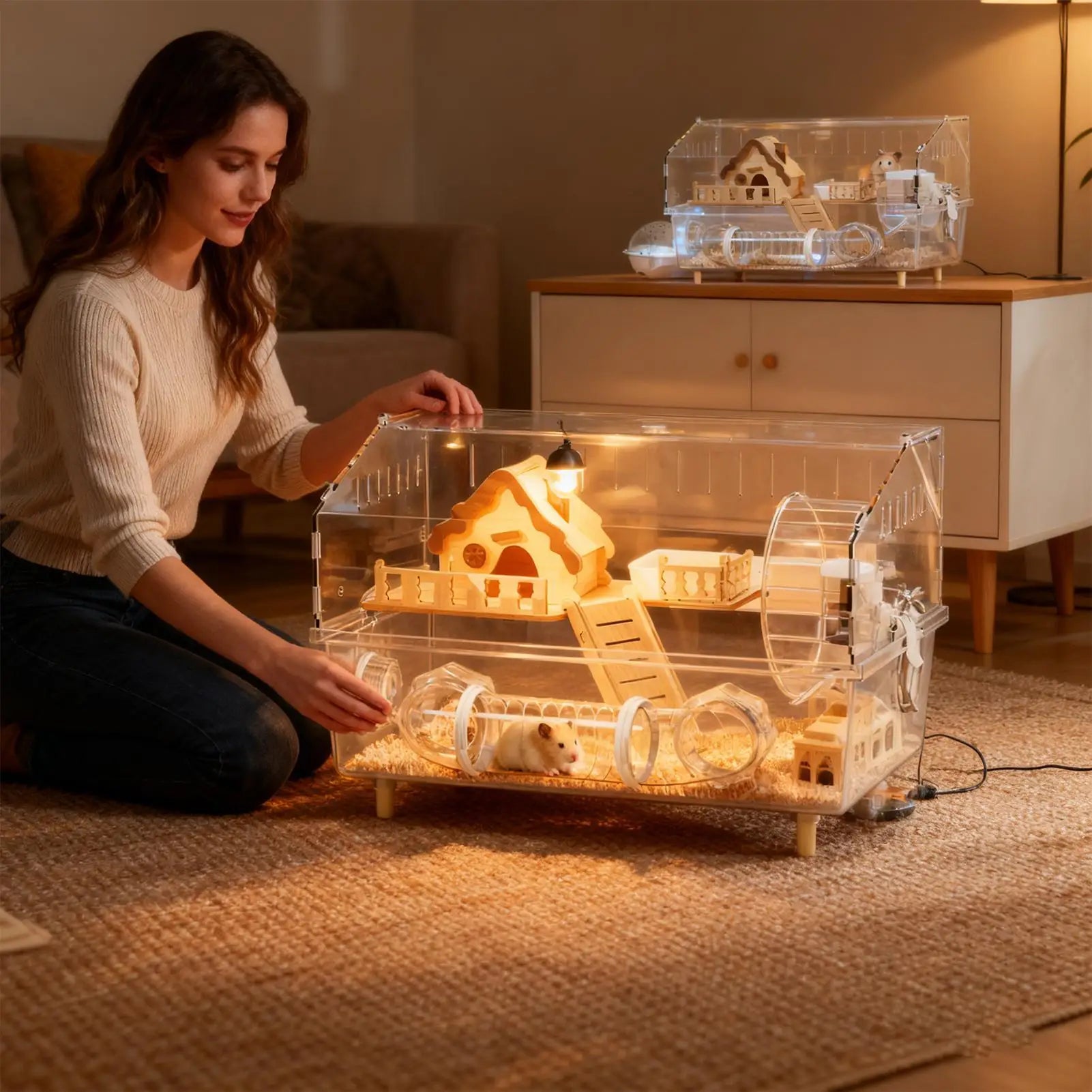 2-Layer Clear Acrylic Hamster Cage – Indoor & Outdoor Habitat with Observation View