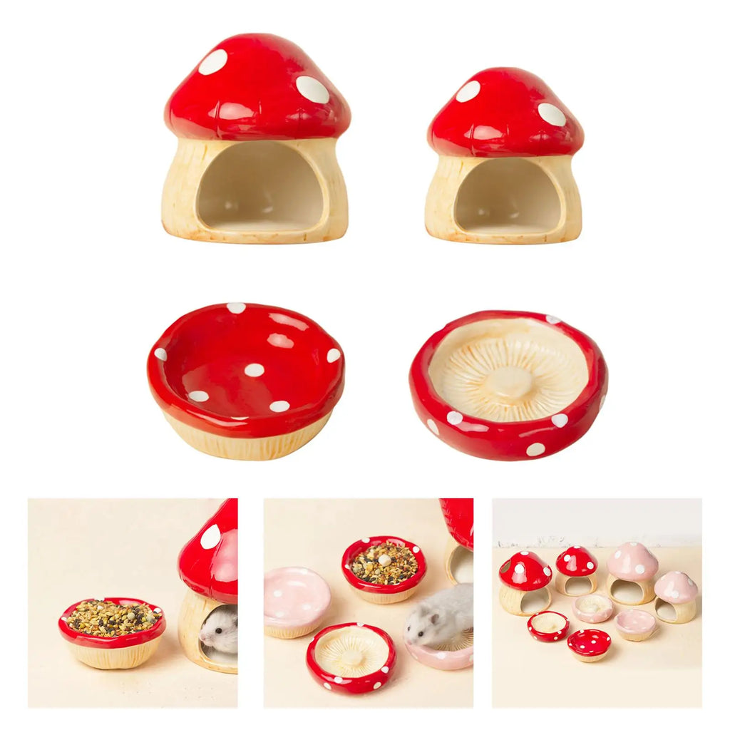 Ceramic Mushroom Hamster House – Hideout Cave & Food Bowl for Small Pets