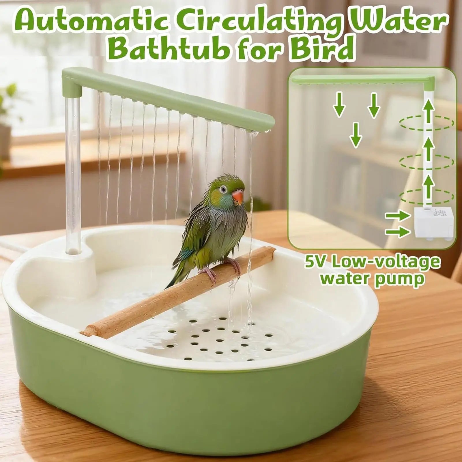 Automatic Bird Cage Bath 26 Hole Circulating Parrot Shower for Cockatiel Budgie Parakeet Lovebird Pet Bird Bathing Clean Happy