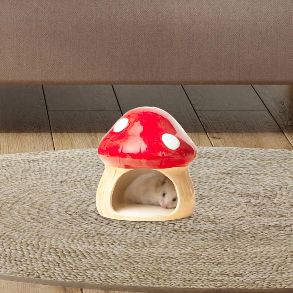 Ceramic Mushroom Hamster House – Hideout Cave & Food Bowl for Small Pets