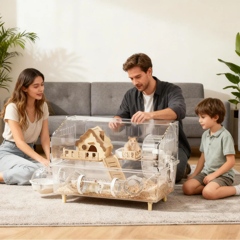 2-Layer Clear Acrylic Hamster Cage – Indoor & Outdoor Habitat with Observation View
