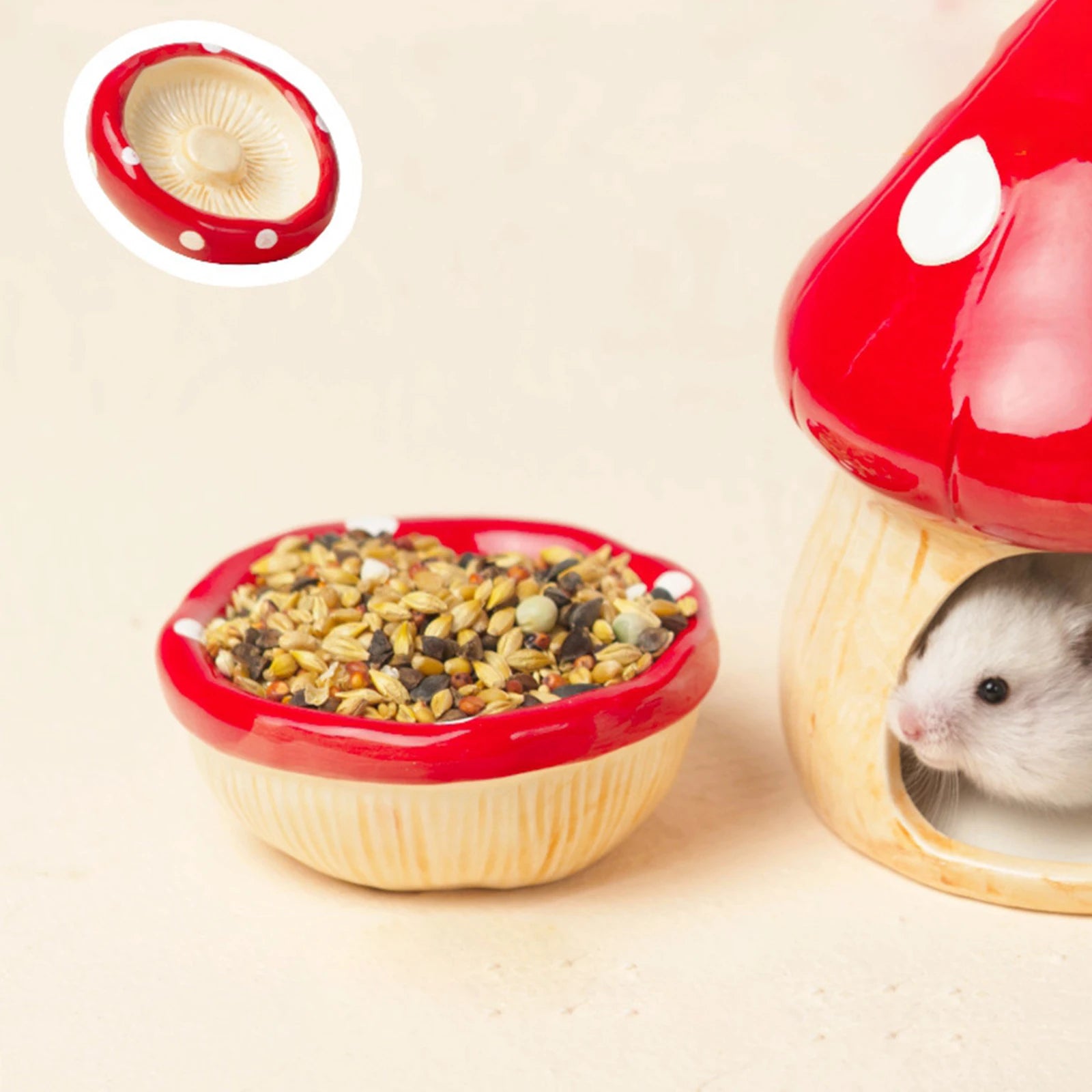 Ceramic Mushroom Hamster House – Hideout Cave & Food Bowl for Small Pets