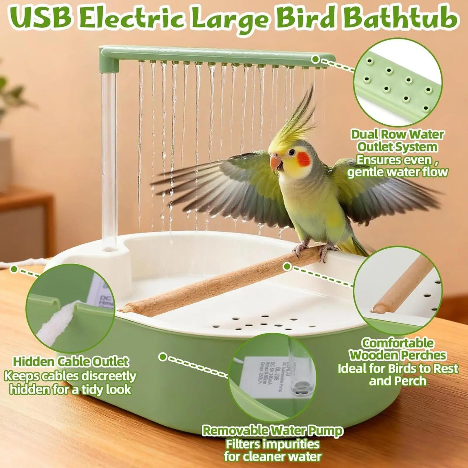Automatic Bird Cage Bath 26 Hole Circulating Parrot Shower for Cockatiel Budgie Parakeet Lovebird Pet Bird Bathing Clean Happy