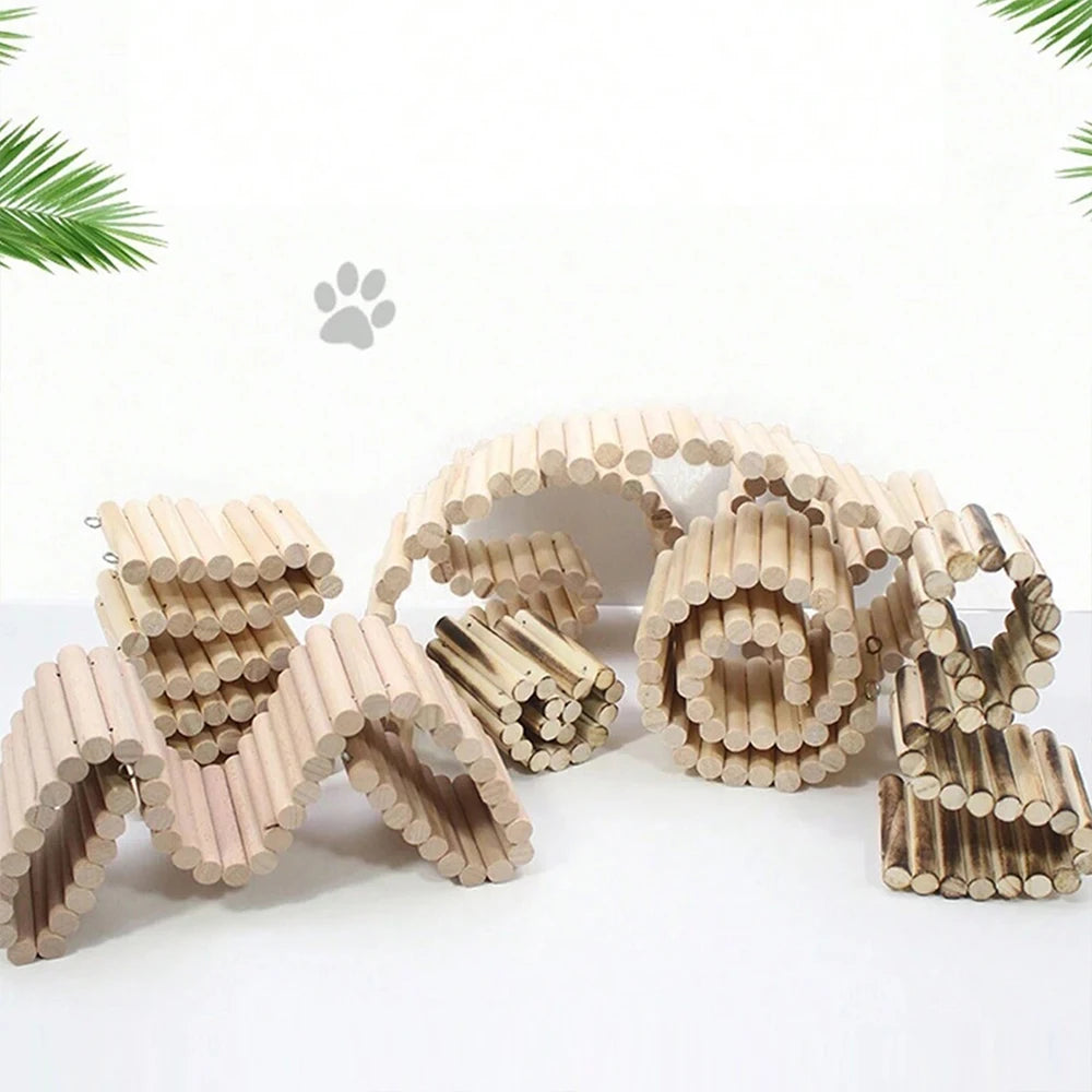 Hamster Wooden Climbing Bridge & Bendable Fence – Cage Accessory for Small Animals