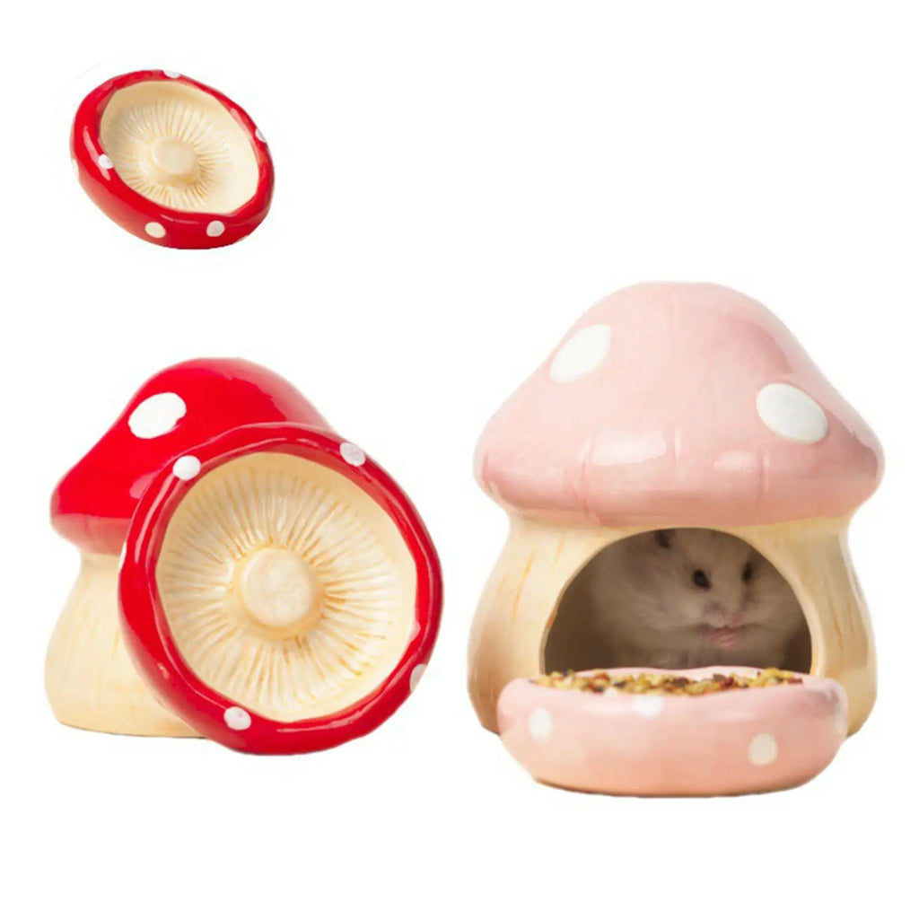 Ceramic Mushroom Hamster House – Hideout Cave & Food Bowl for Small Pets