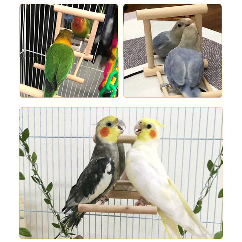 Bird Mirror Wooden Interactive Play Toy With Perch For Small Parrot Budgies Parakeet Cockatiel Conure Lovebird Cage Accessories