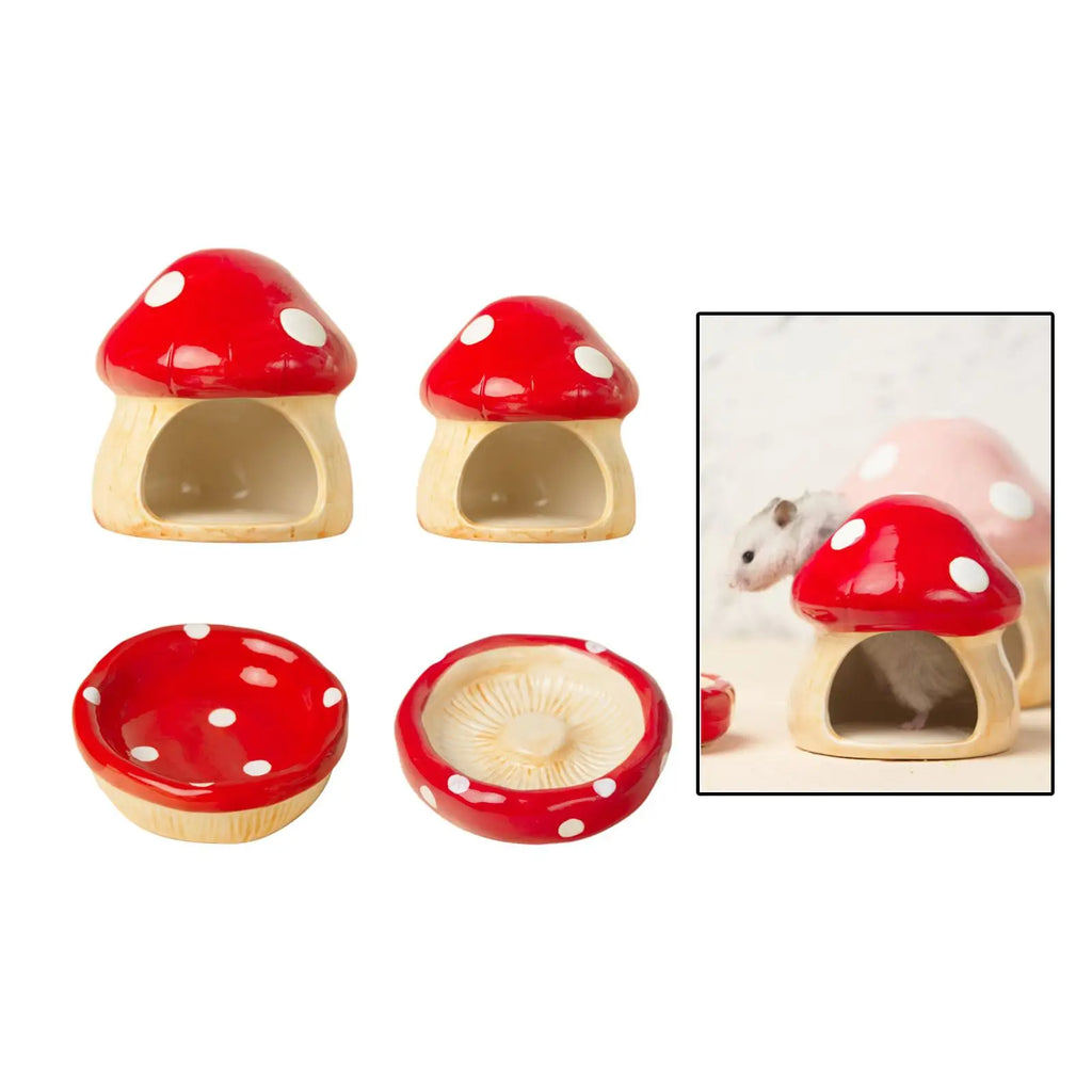 Ceramic Mushroom Hamster House – Hideout Cave & Food Bowl for Small Pets