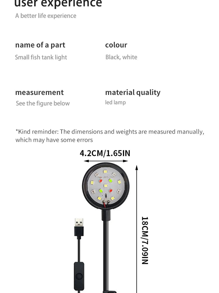 Aquarium Light With Adapter LED Clip On Fish Tank Light, Small Full Spectrum USB Light 360° Rotation Lighting