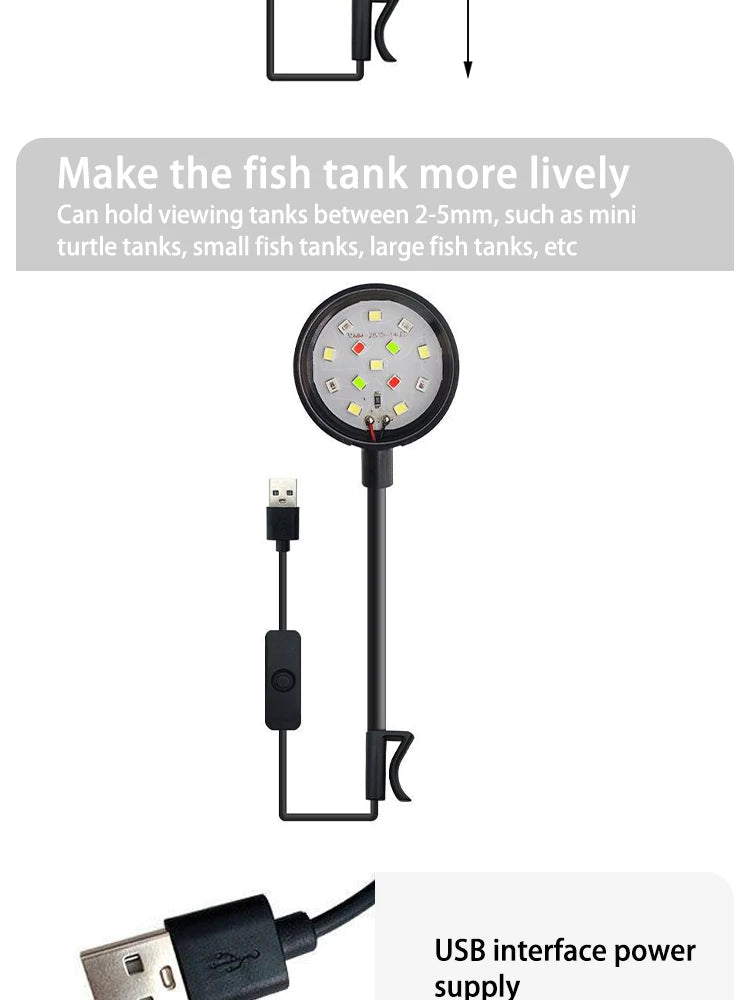 Aquarium Light With Adapter LED Clip On Fish Tank Light, Small Full Spectrum USB Light 360° Rotation Lighting