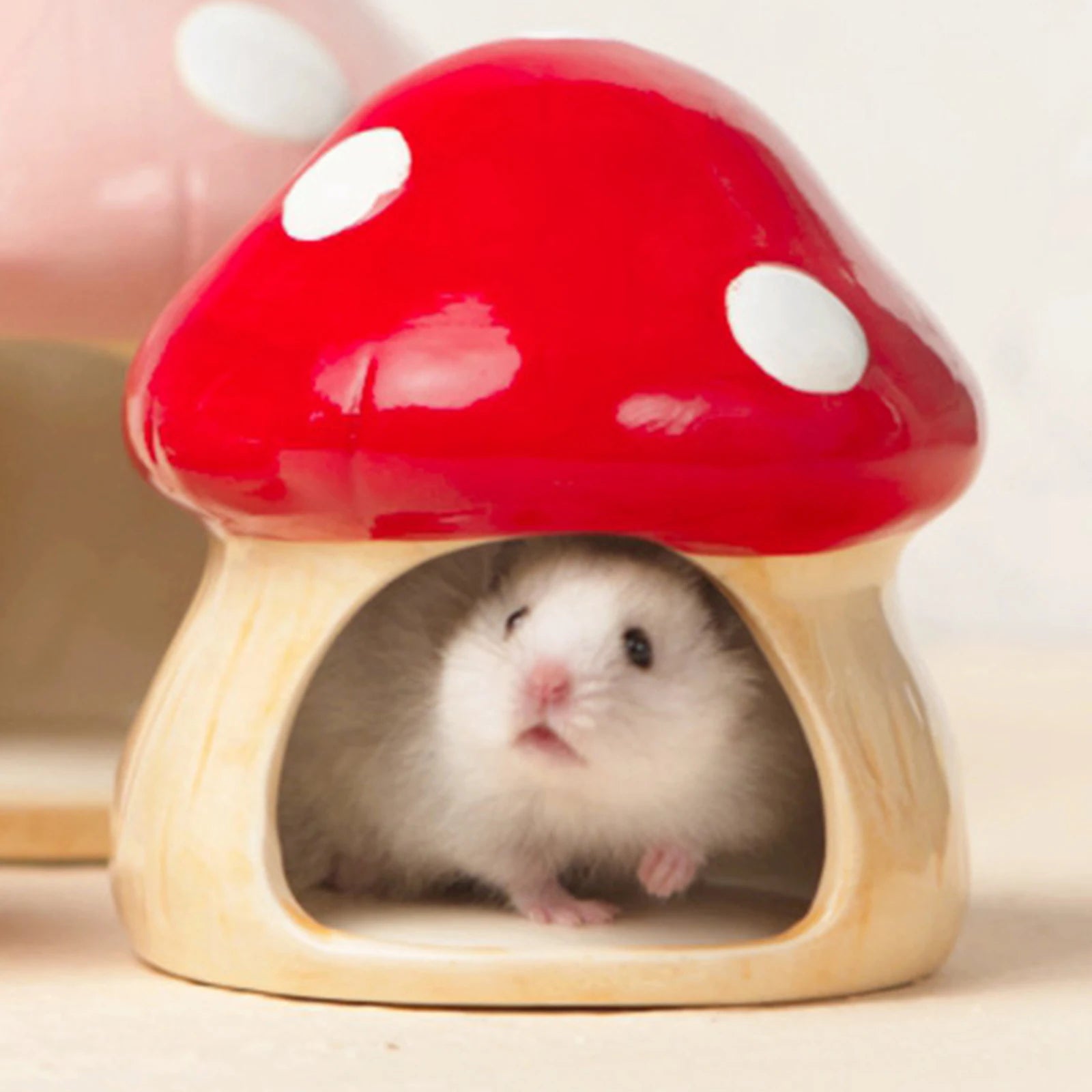 Ceramic Mushroom Hamster House – Hideout Cave & Food Bowl for Small Pets
