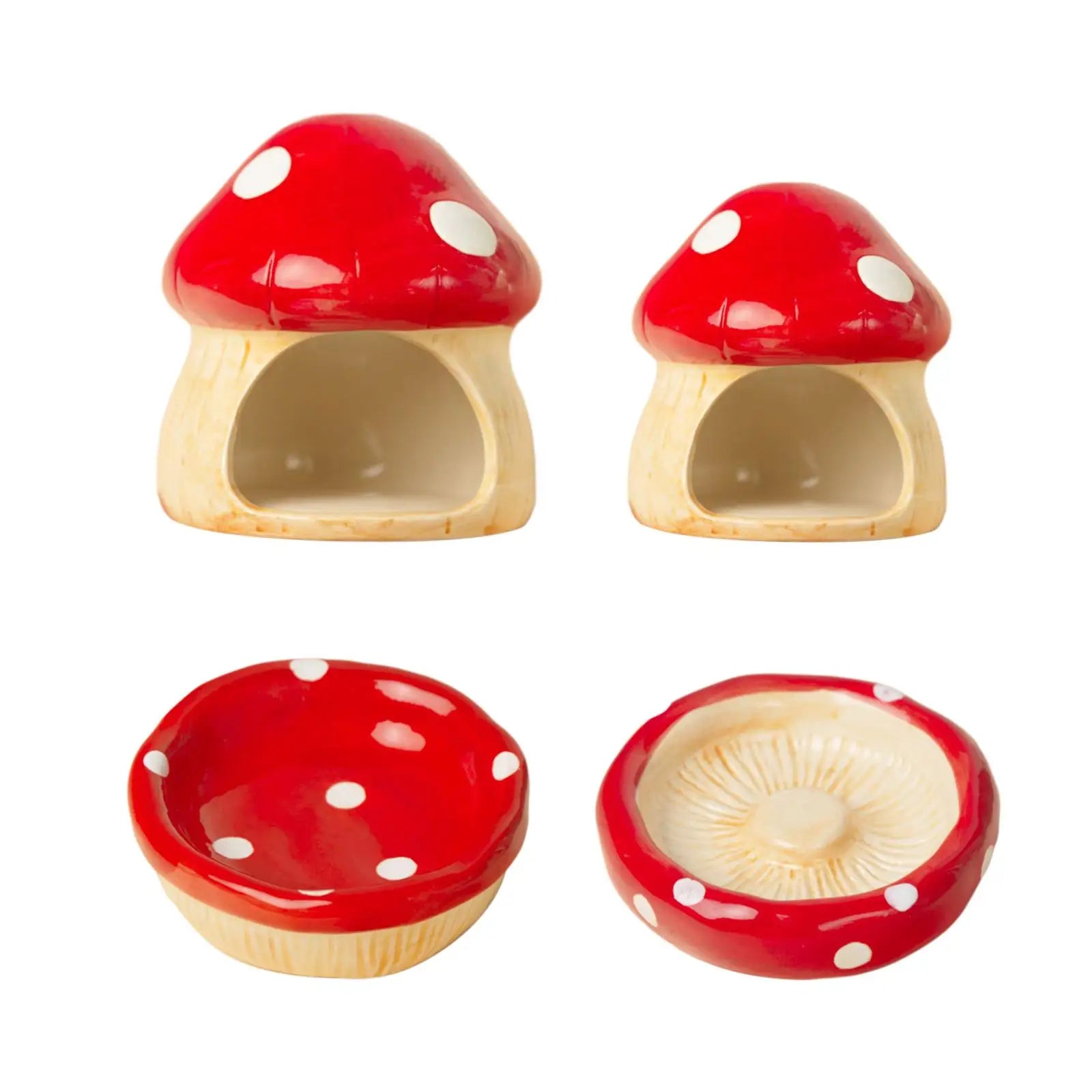 Ceramic Mushroom Hamster House – Hideout Cave & Food Bowl for Small Pets