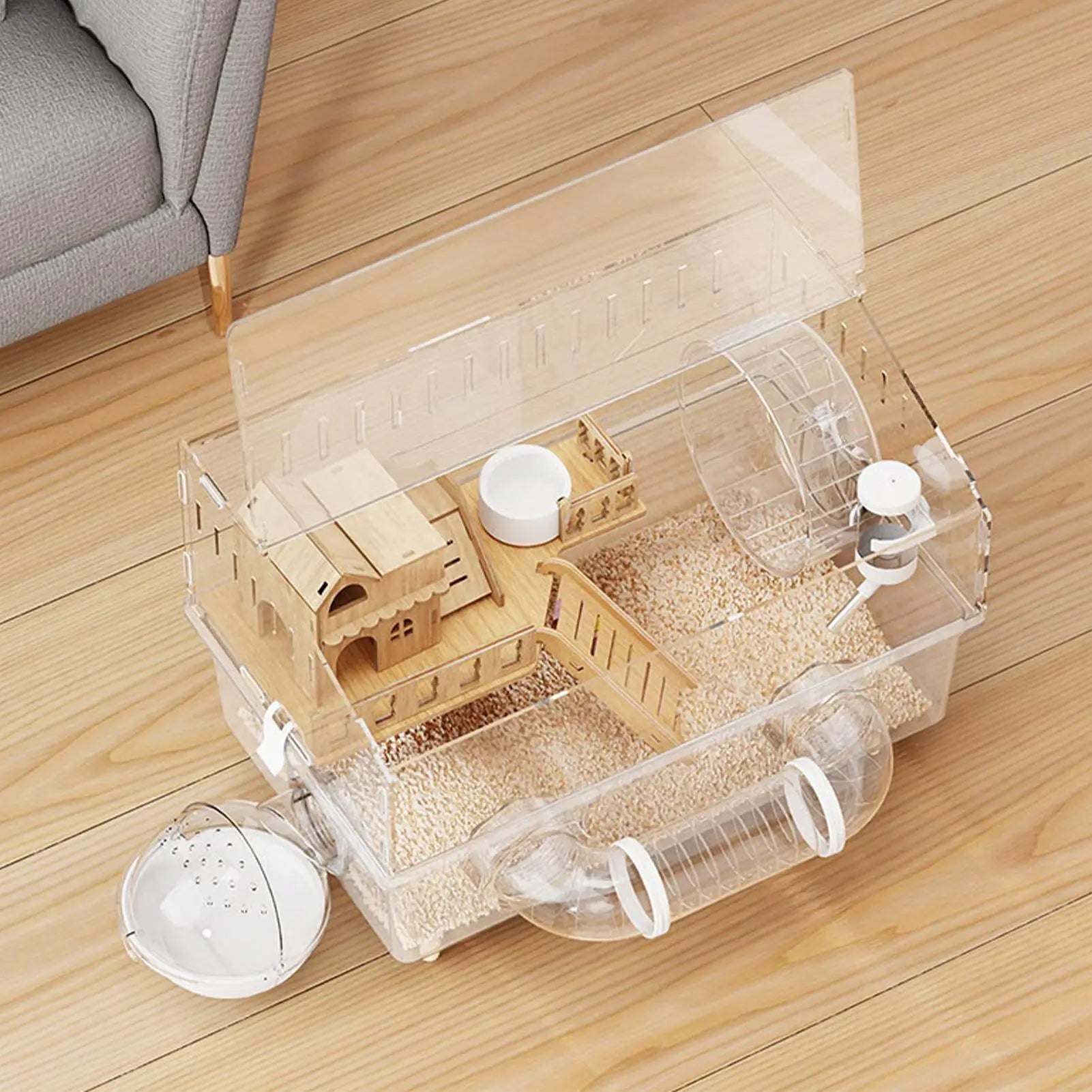 2-Layer Clear Acrylic Hamster Cage – Indoor & Outdoor Habitat with Observation View