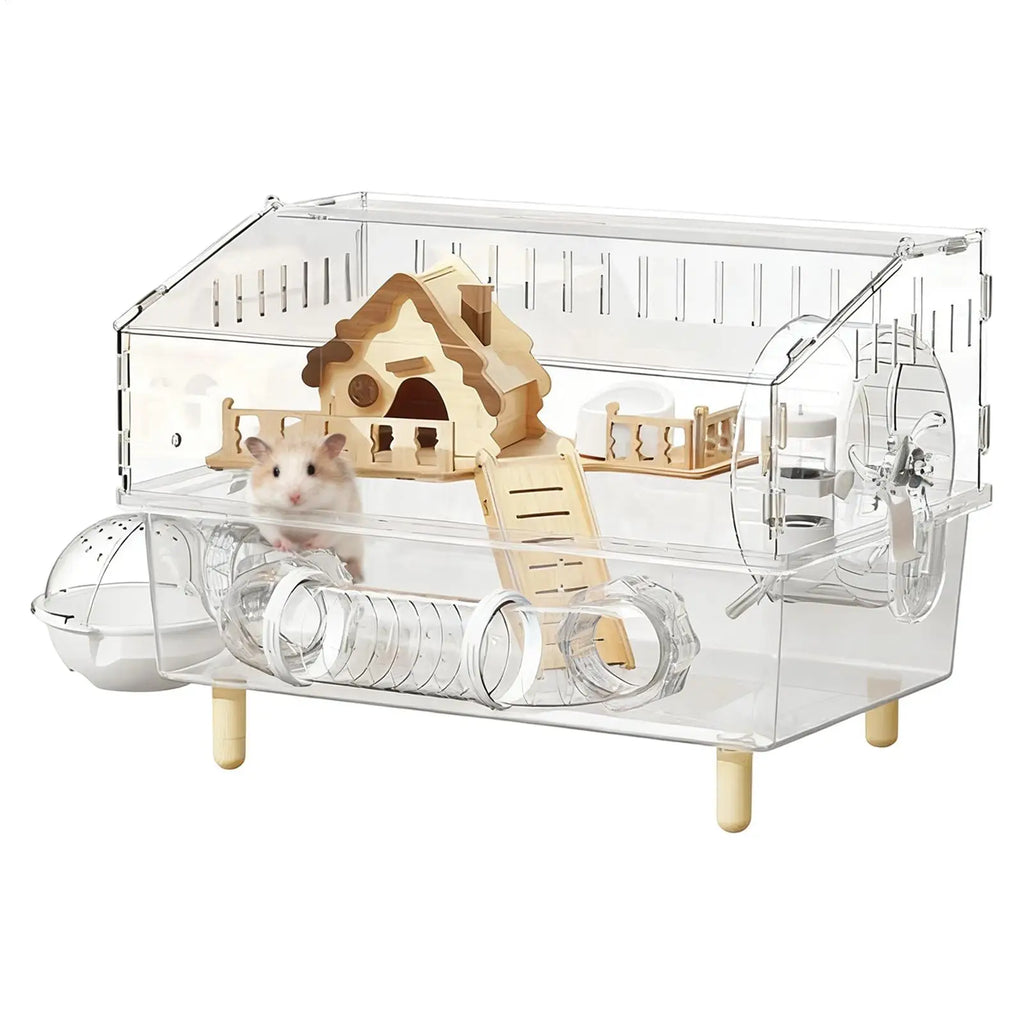 2-Layer Clear Acrylic Hamster Cage – Indoor & Outdoor Habitat with Observation View
