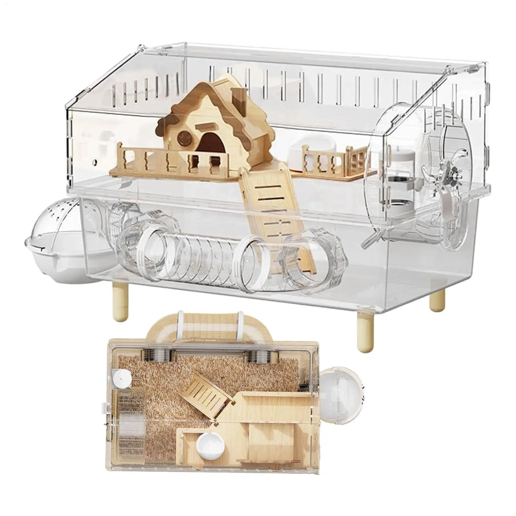 2-Layer Clear Acrylic Hamster Cage – Indoor & Outdoor Habitat with Observation View